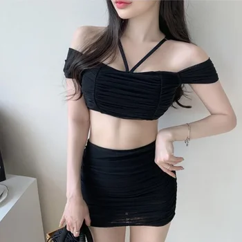 Traje de baño unicolor Sexy de estilo coreano, conjunto de Bikini de dos piezas para mujer, traje de baño Push Up, traje de baño plisado para playa y verano, Bikinis