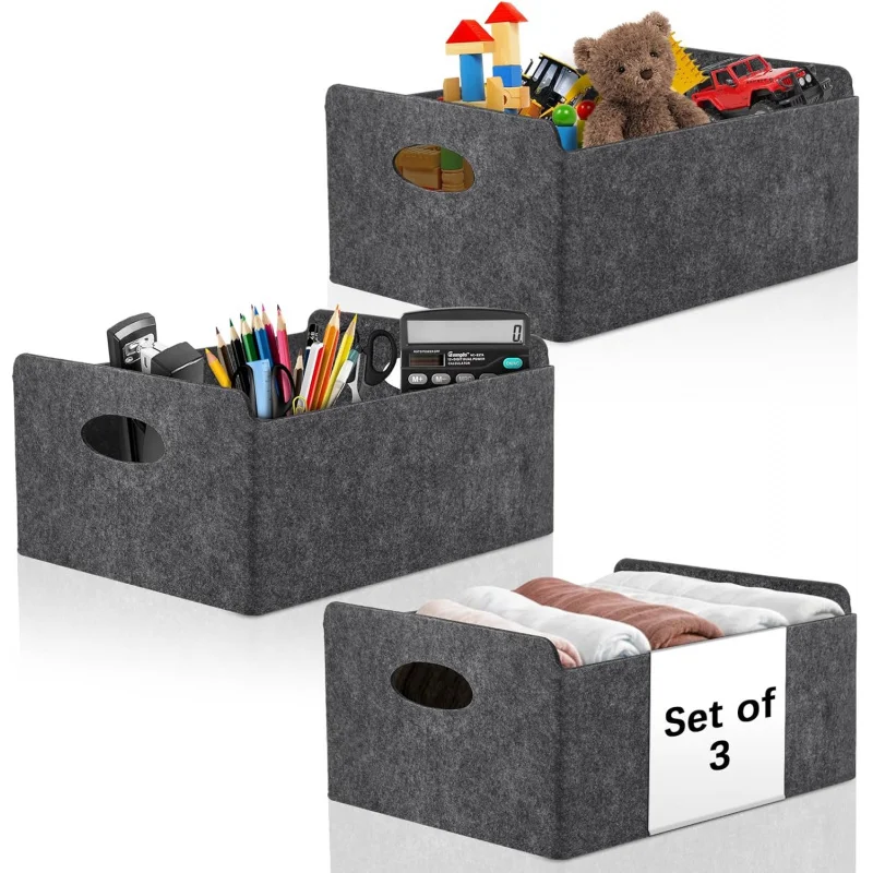 

TOPLIVING 3Pcs Felt Storage Baskets, Durable Folding Boxes with Handle, Felt Box, Storage Basket Gray, 30 x 25 x 15cm Storage