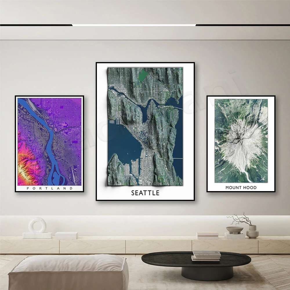 

Seattle Poster, Mount Hood Oregon, Bend Oregon Aerial Map, Portland Map, Portland Oregon Artistic Abstract Map Poster Print