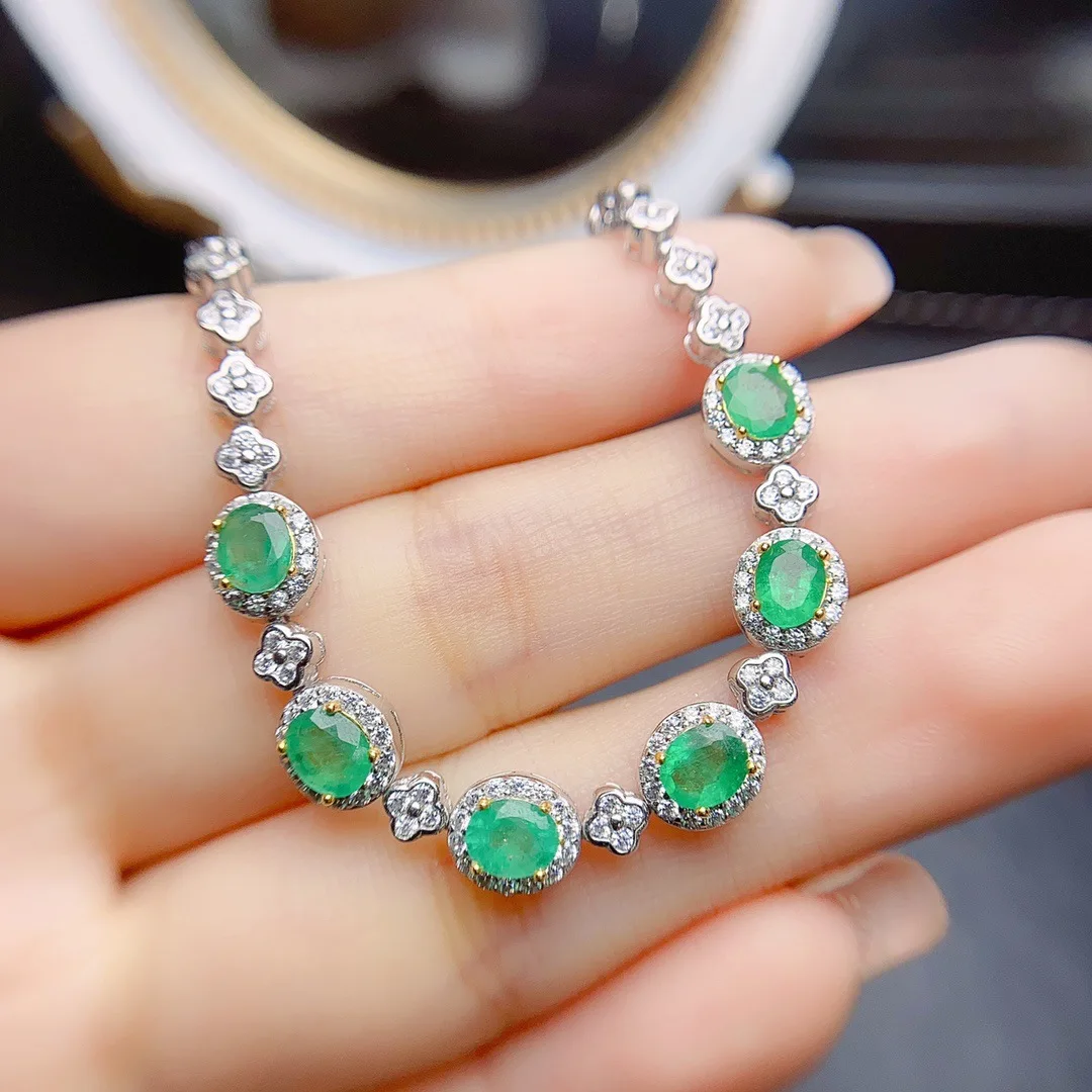 S925 Sterling Silver Natural Emerald Bracelet,4*5mm Oval Gemstone, Four‑Leaf‑Clover Chain Luxury Jewelry Gift for Women