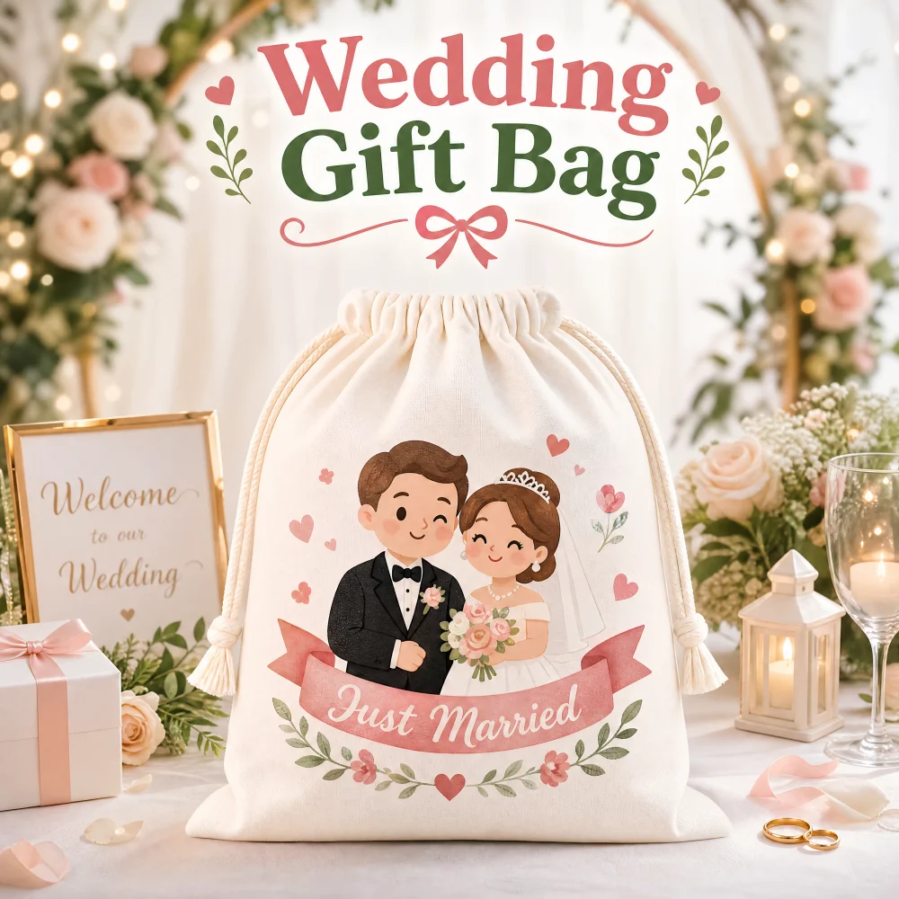 Romantic Wedding Couple Print Drawstring Pouch, Polyester Just Married Gift Sack for Bridal Shower Wedding Guest Favors