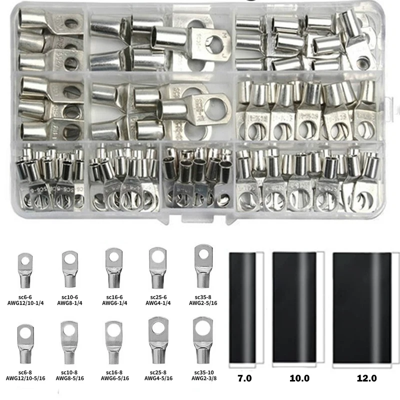 70/240PCS Ring Terminal Cable Shoes Lugs 35mm2 Tinned Copper Lug Wire Eye Connectors Bare 60 Terminals Lugs Wire Copper Kit