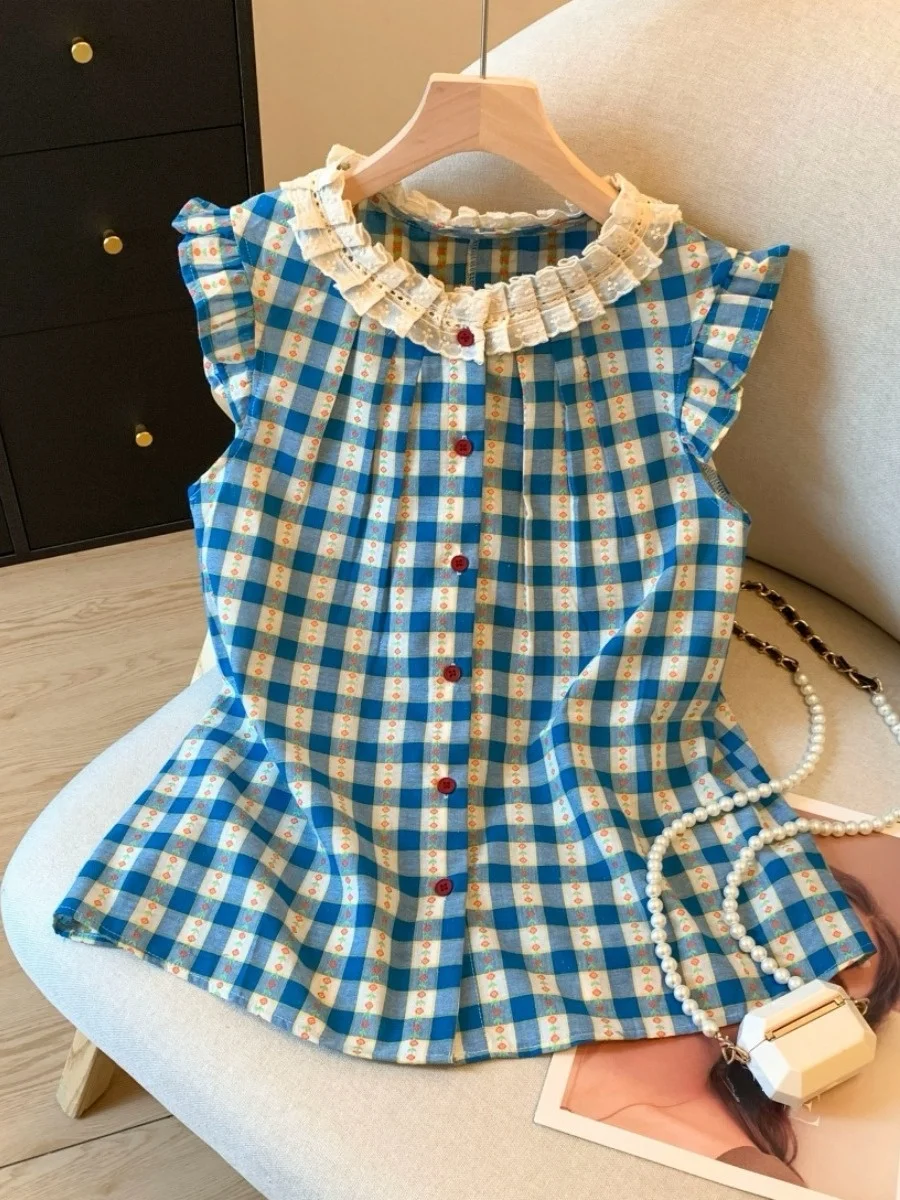 

Korean Style Blue Plaid Lace Patchwork Women's Shirt Summer New Design Sensation Small Flying Sleeve Top Trendy Vest Shirt