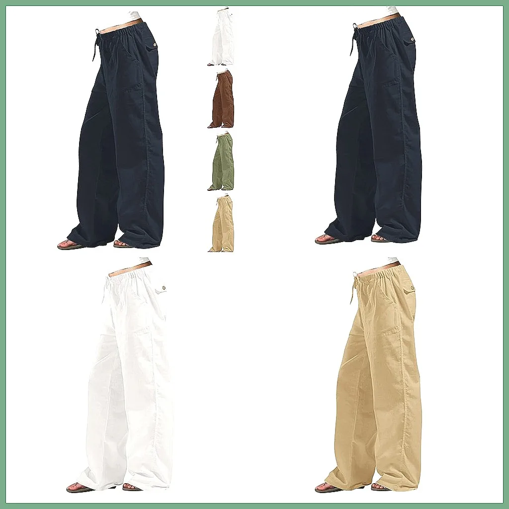 

Women's Casual Elastic Waist Pants with Pockets, Loose Fit Long Trousers, Retro Solid Color Drawstring