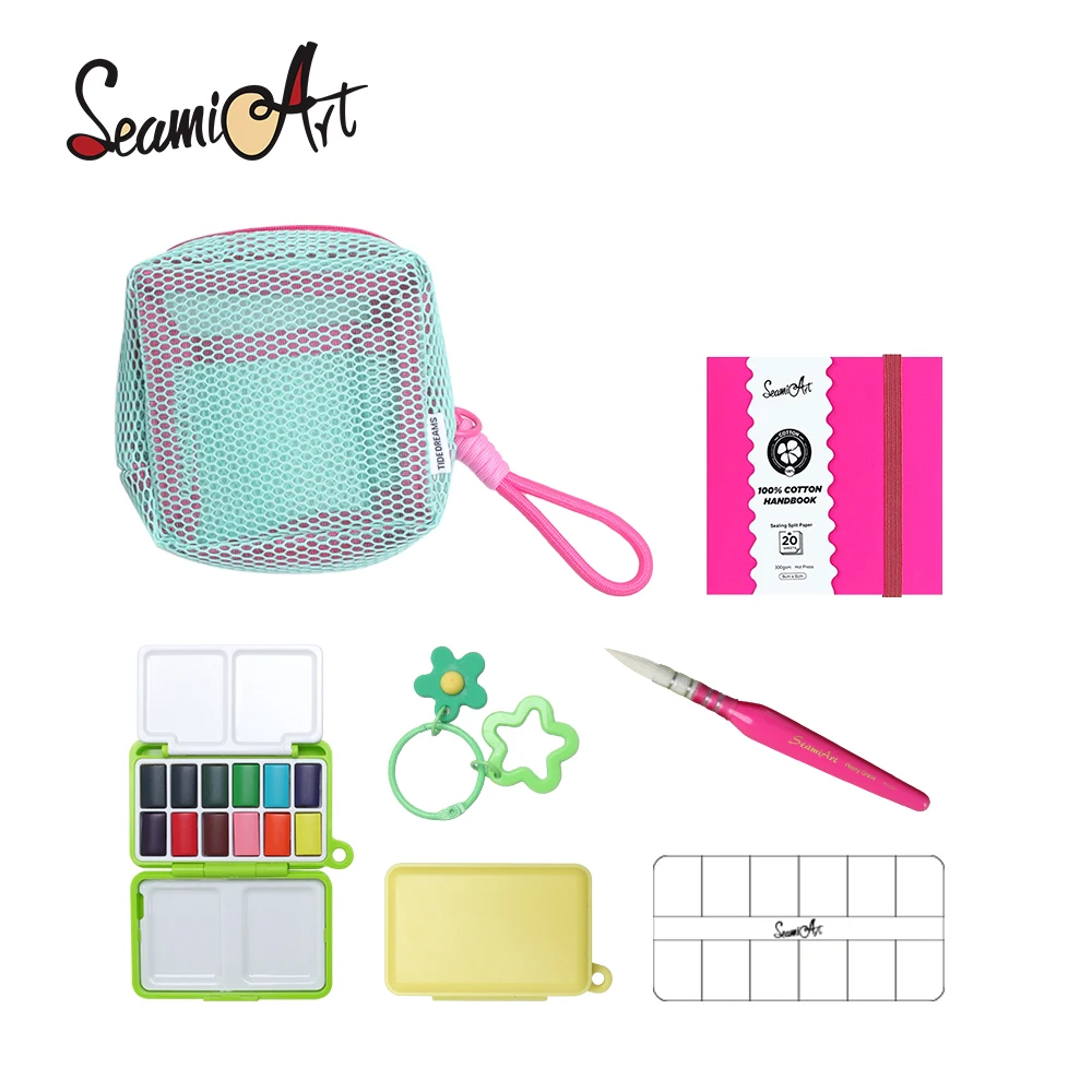 SeamiArt 12Color Portable Travel Solid Watercolor SS25 Drawing Gift Set with Storage Bag Painting Brush Palette Box Art Supplies