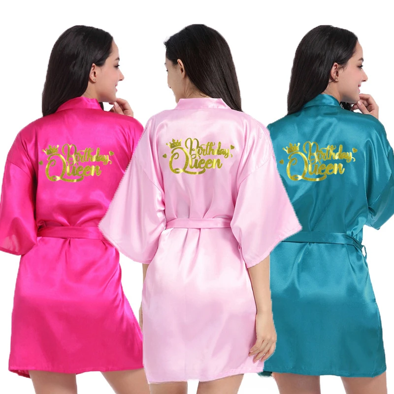 Birthday Queen Robe Women Satin Kimono Bathrobe Gown Loose Nightwear Party Nightgown Intimate Lingerie Summer New Loungewear