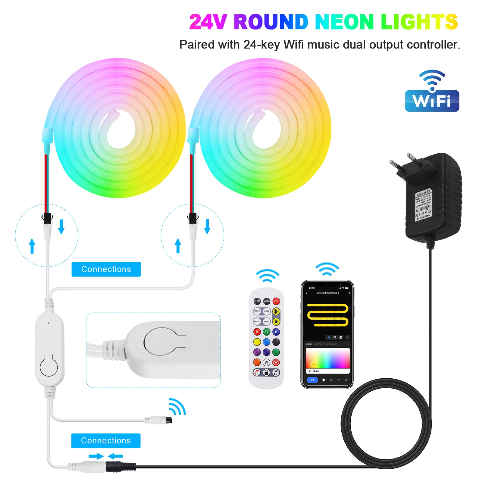 WiFi Bluetooth APP 24V Round RGB Neon LED Strip 120LEDs/m 360 Degree WS2811 Dream Color Remote Control IP67 Flexible Rope Lights