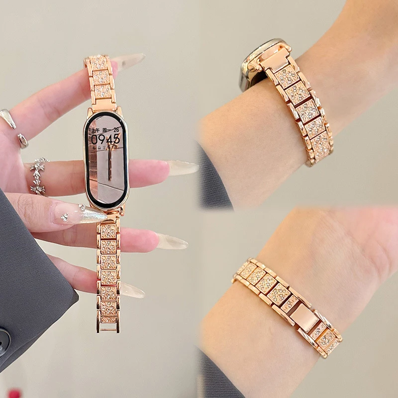 

Luxury Glitter Diamond Bracelet for Xiaomi Mi Band 9 8 Metal Strap +Case Protector Women Smartwatch Wristband for MiBand 7 6 5 4