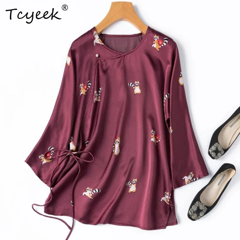 Tcyeek Damenoberteile aus 100 % echter Seide, 21 mm Seide, Damenbekleidung, Sommer 2026, künstlerische Hemden im chinesischen Stil mit Waschbärmuster, Chemise Femme