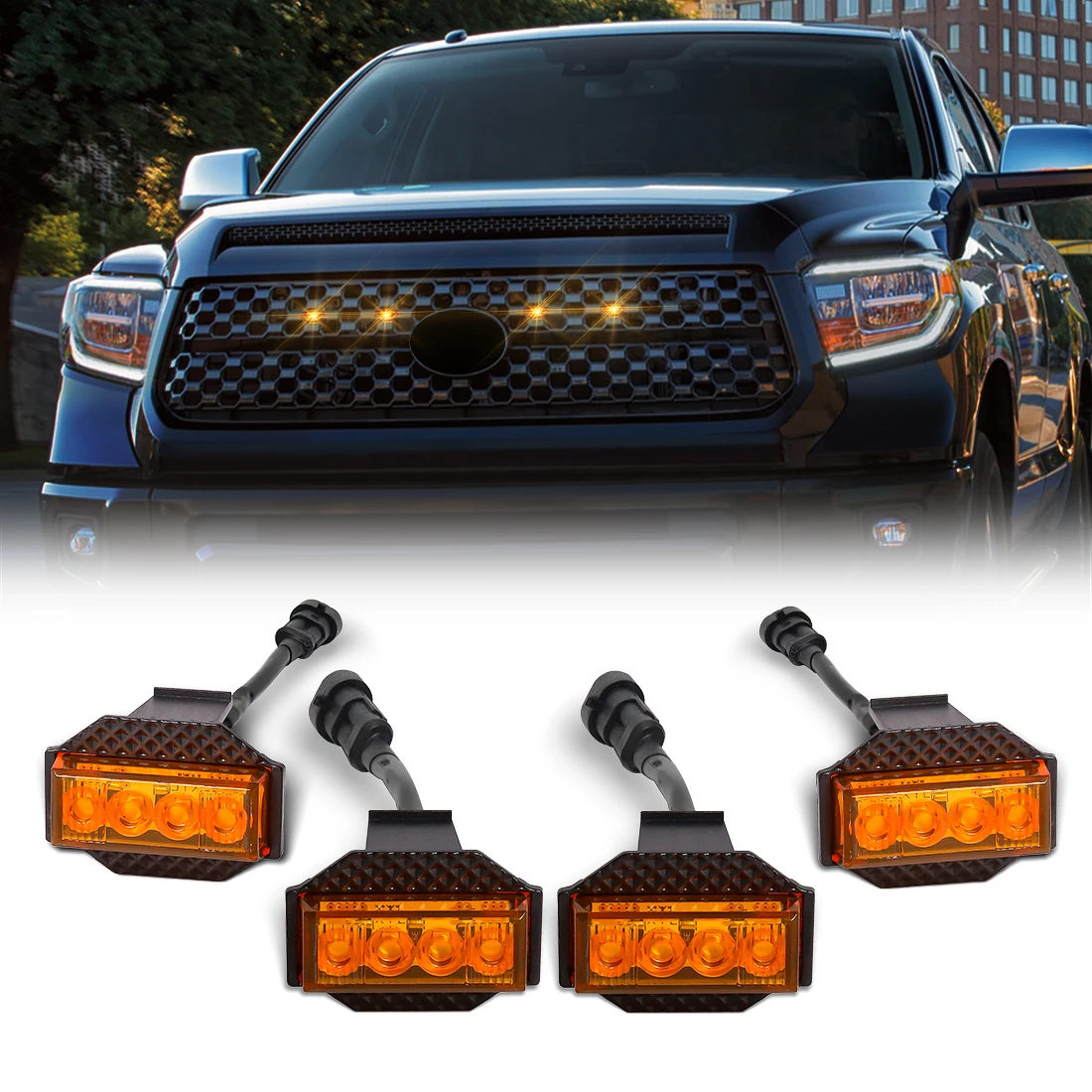 

Car LED Warning Light Front Grille Strobe Lights Daytime Running Lamp 4Pcs For Toyota Tundra 2018 2019 2020 2021 Signal Lamps