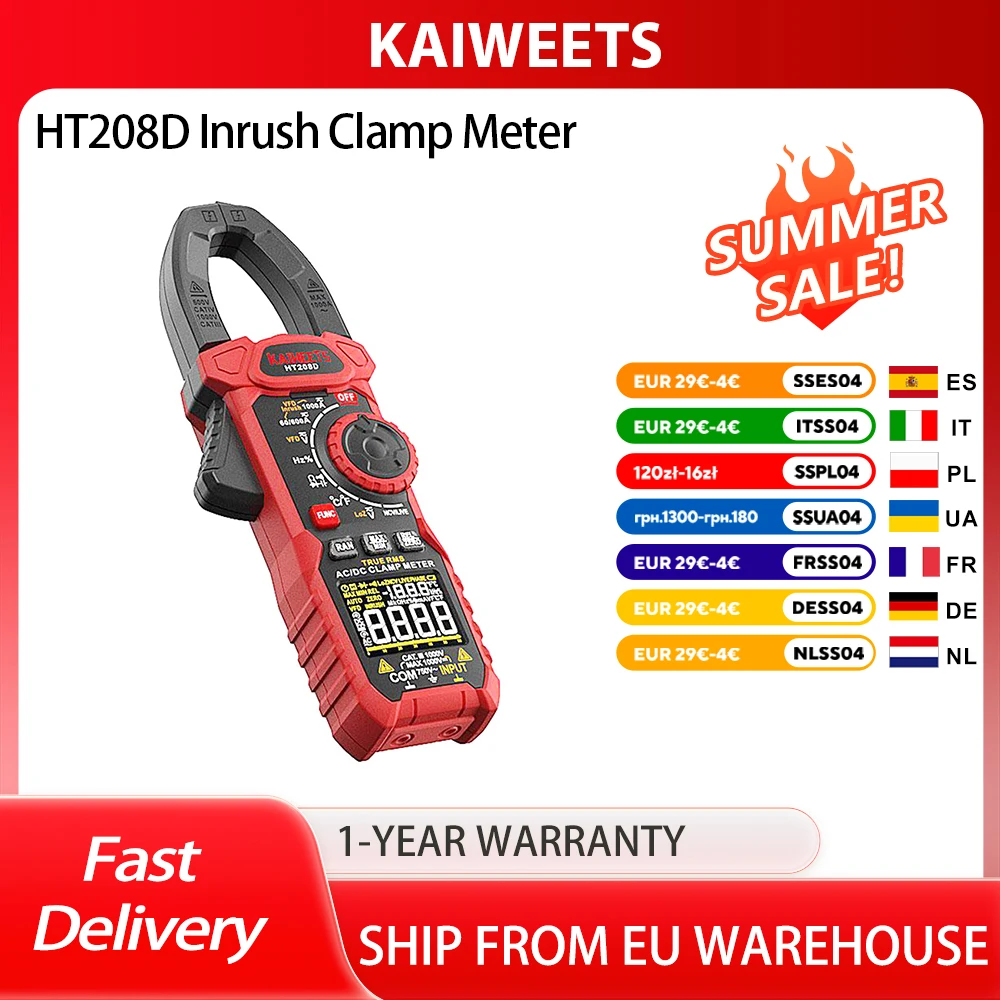 KAIWEETS-pinza amperimétrica de entrada HT208D, valores eficaces verdaderos 1000A, VFD, modo LOZ, 6000 recuentos, identifica rápidamente problemas de inicio, abrazadera True-RMS