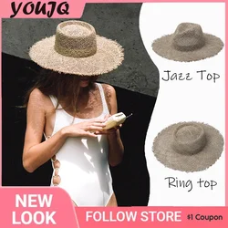 Women's Raw Edge Seaweed Straw Hat Wide Brim Jazz Top Flat Eaves Beach Straw Hat Spring Summer Parama Travel Shade Sun Hat