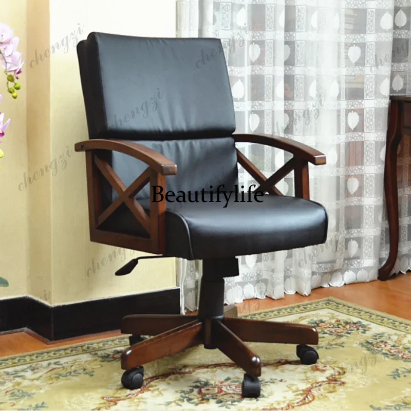 D8000   American solid wood computer desk chair home office boss chair lifting soft seat high backrest swivel chair