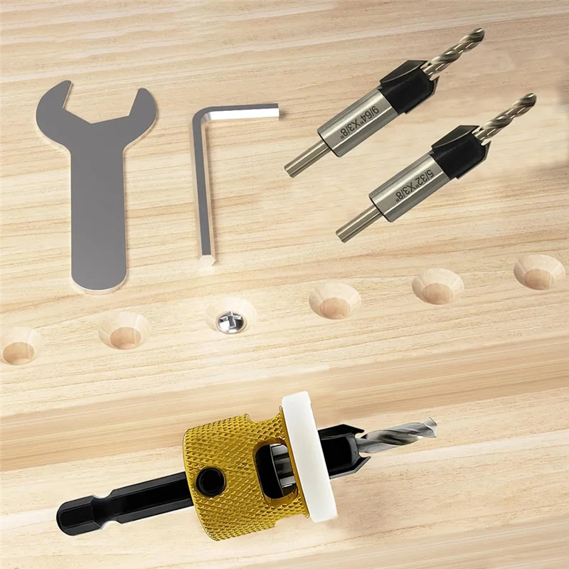 Juego de brocas avellanadoras de vástago hexagonal A53Q, brocas avellanadoras para carpintería de 1/8 pulgadas, 9/64 pulgadas, 5/32 pulgadas + tope de profundidad de broca ajustable