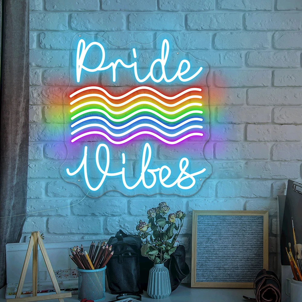 Pride Vibes Custom Neon Sign Rainbow Pride Neon Light Happy Pride Month Bisexual Party Decor Art Light Signs Living Room Decor