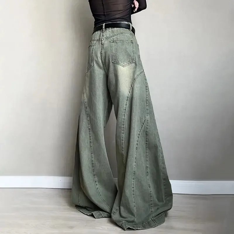 Celana Kargo Denim Segmen Tua Fashion Retro Amerika Celana Jeans Kasual Harajuku Jalanan Longgar Pinggang Rendah Celana Lebar Uniseks Wanita