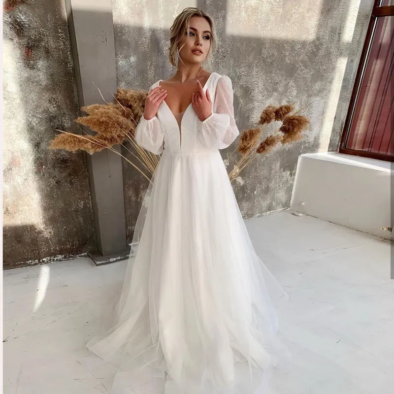 Customized A-Line Puff Sleeves Women Wedding Dresses V-Neck Tulle Bridal Gowns robe de mariée Formal Occasion Vestido De Noiva