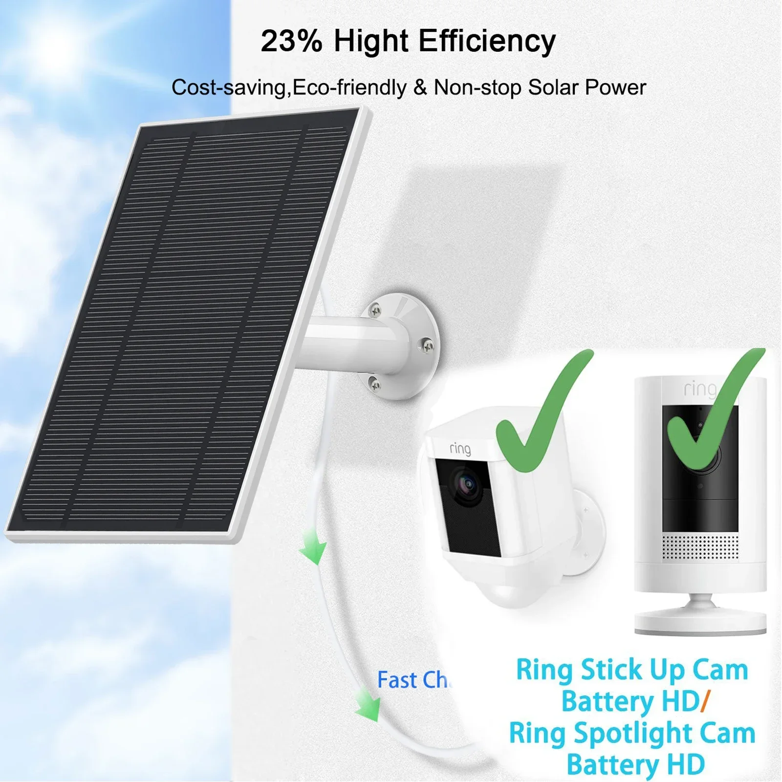 New 6W Solar panel for Ring Stick Up Cam Battery / Ring Spotlight Cam Battery HD Camera Wall Mount 13ft Power Cable(white)