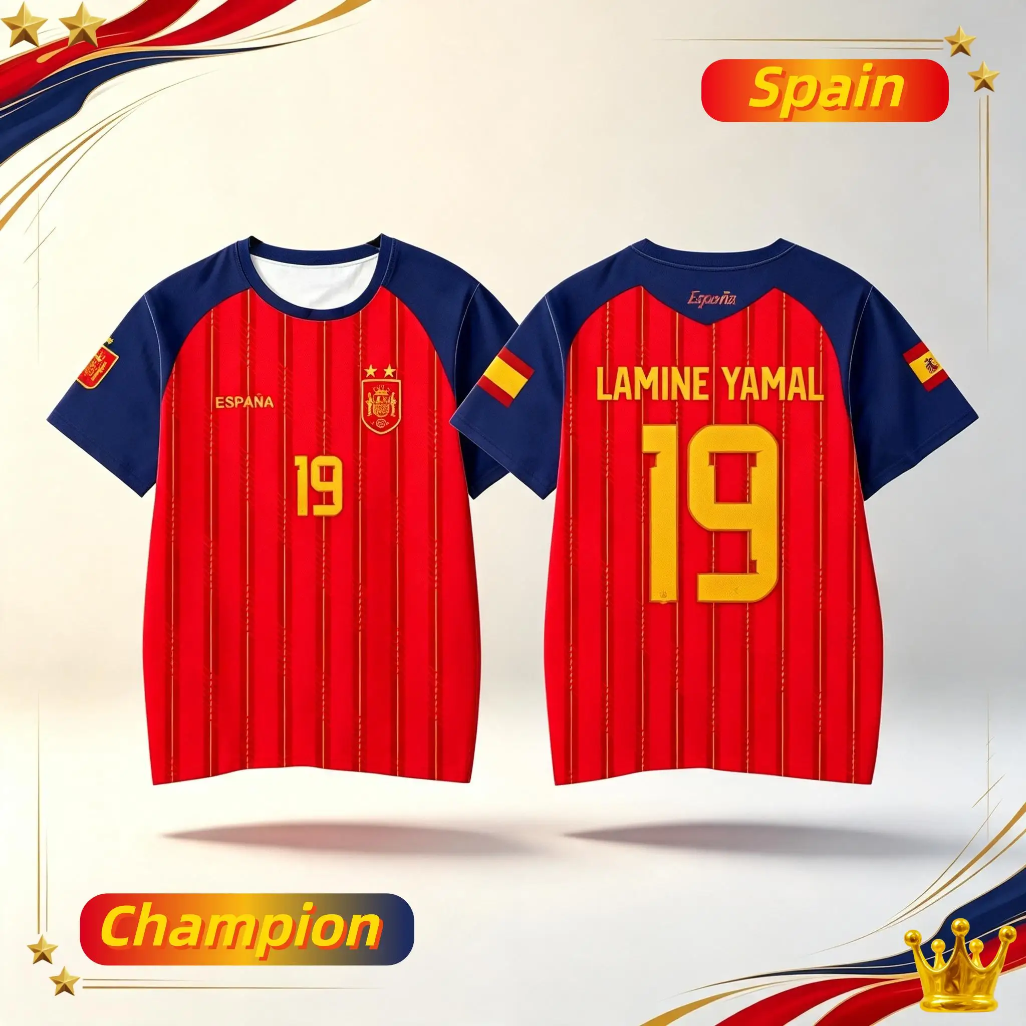 Image of 2026 Spanische Nationalmannschaft Yamal Spieler 3D Edition Fußballtrikot Schnelltrocknend Kurzarm T-Shirt für Herren, Damen und Kinder