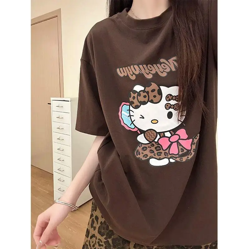 

Sanrio Spring Autumn Girl Leopard Pattern Short Skirt Hoodie 2Pcs Cartoon Hello Kitty Printed Round Neck Long Fashion Sleeve Set