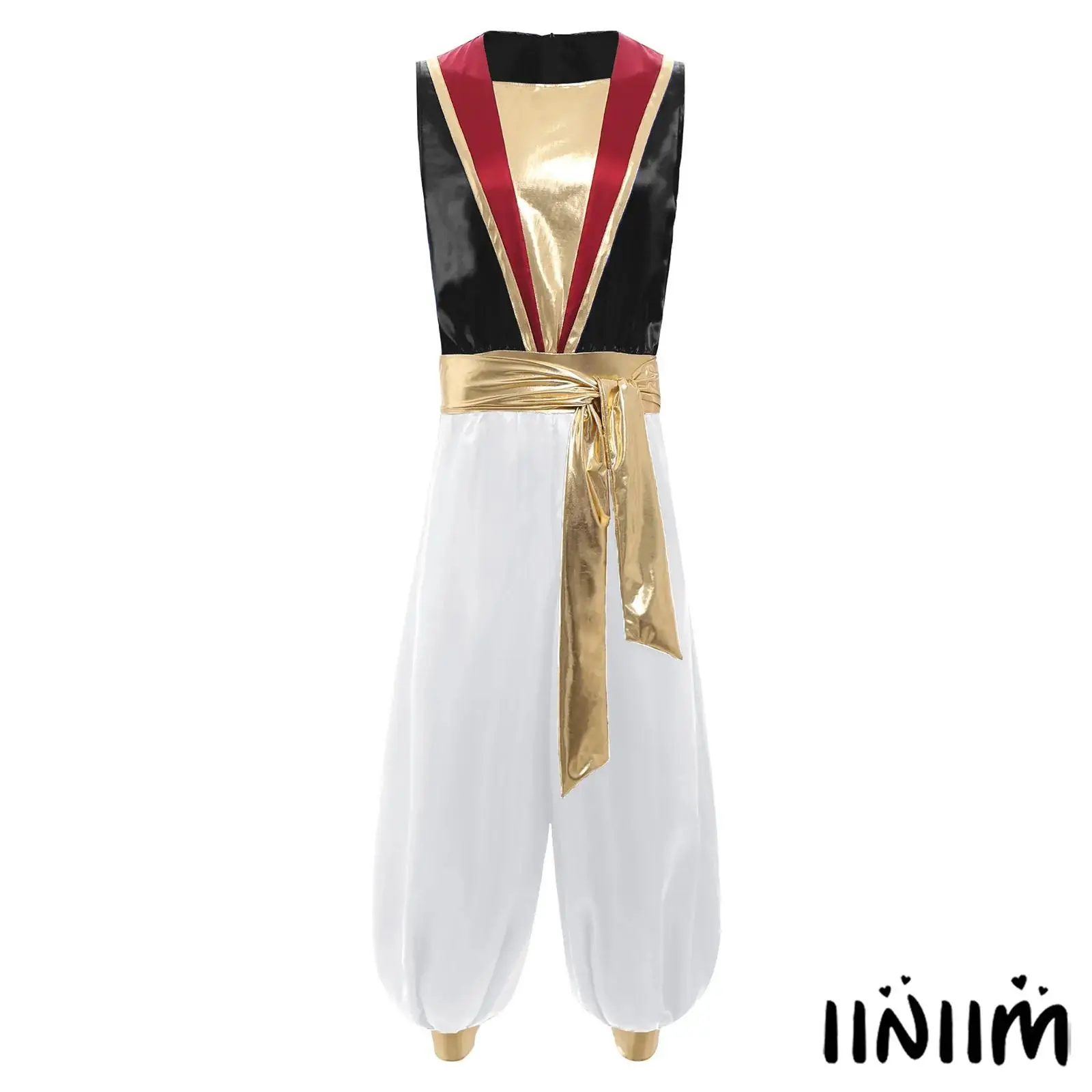 

Men Arabian Prince Costume Royal Jumpsuit Sleeveless Back Zipper Opulent Metallic Belt Gown Halloween Gala Roleplaying Costume