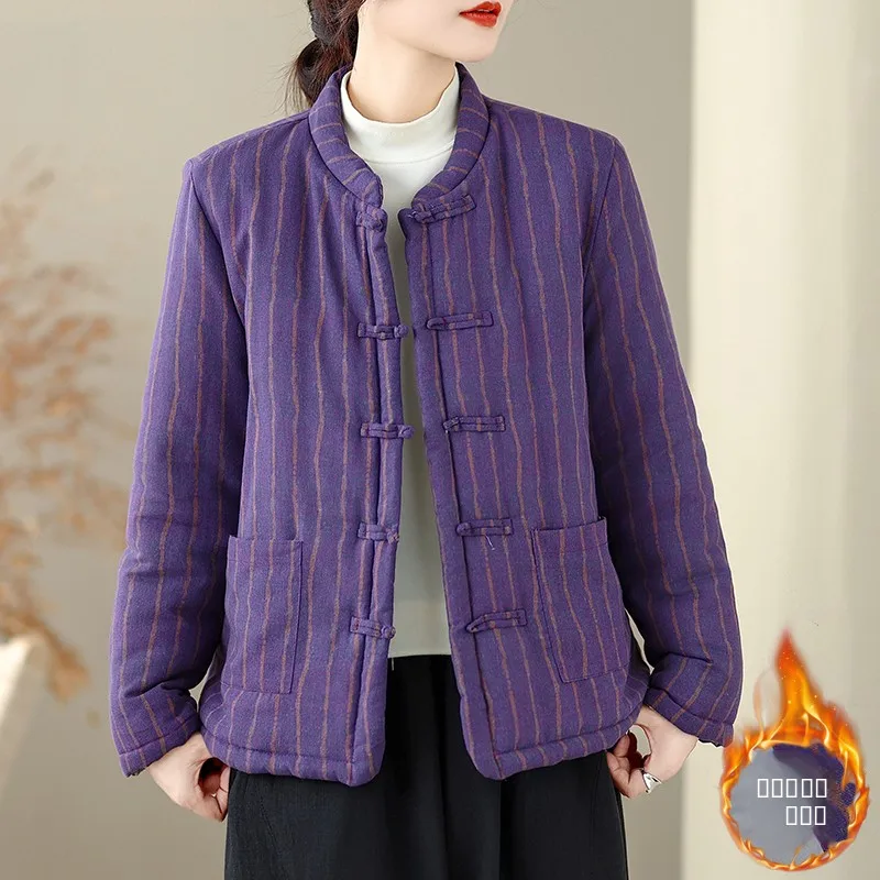 

Новая женская куртка из хлопка и льна в китайском стиле с воротником на пуговицах, теплая зимняя хлопковая куртка-пальто для женщин