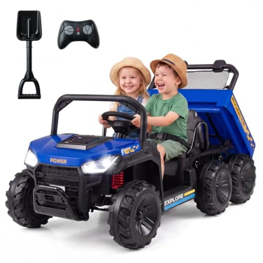 

2-Seater Ride on Dump Truck for outdoor play, ABS plastic body in Blue, 4WD 24V electric power with remote control, dump bed, s