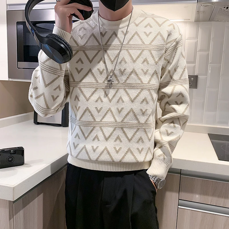 2024 Handsome Slim New Simple Social Men's Autumn Winter Fashion Casual Crew-neck Jacquard Thick Warm Knit Jumper Man Clothes