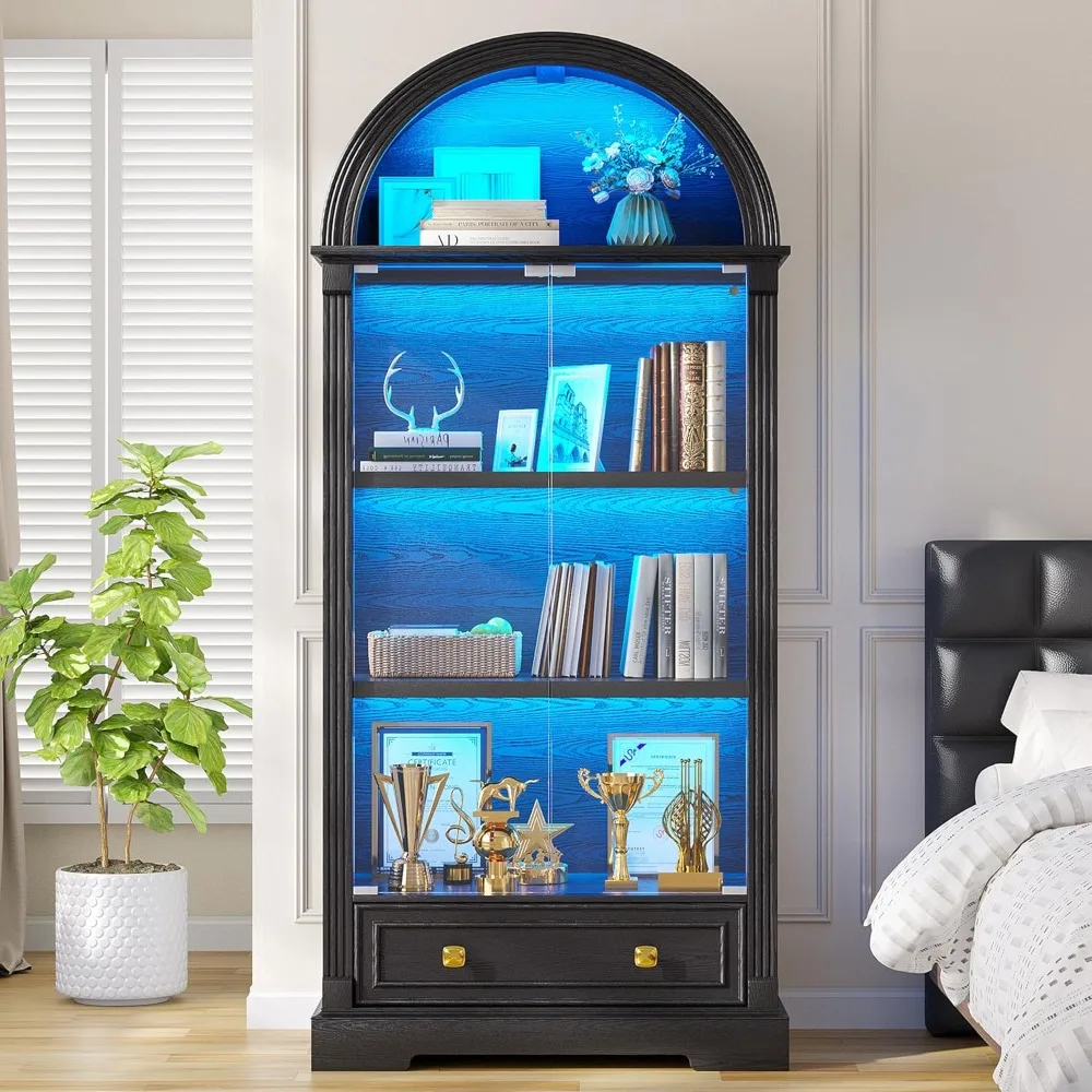 

Display Cabinet with Glass Doors, 72" Tall Arched Curio Cabinet with Human Sensor Lights, 4-Tier Glass Display Case for Collecti