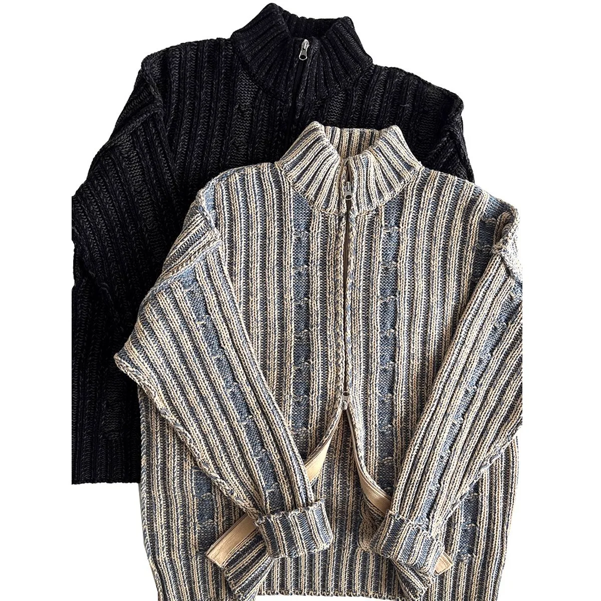 

Ретро американский тяжелый цвет Blo f High Ne мужской свитер осень-зима теплая верхняя одежда двойная молния корейский этнический ...