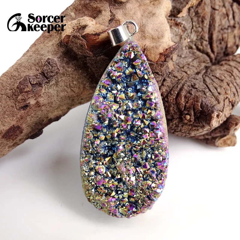 Natural Multi-color Agate Pendant Electroplating Quartz Crystal Cluster Minerals Reiki Healing Crystal Fit Jewelry Making AA738