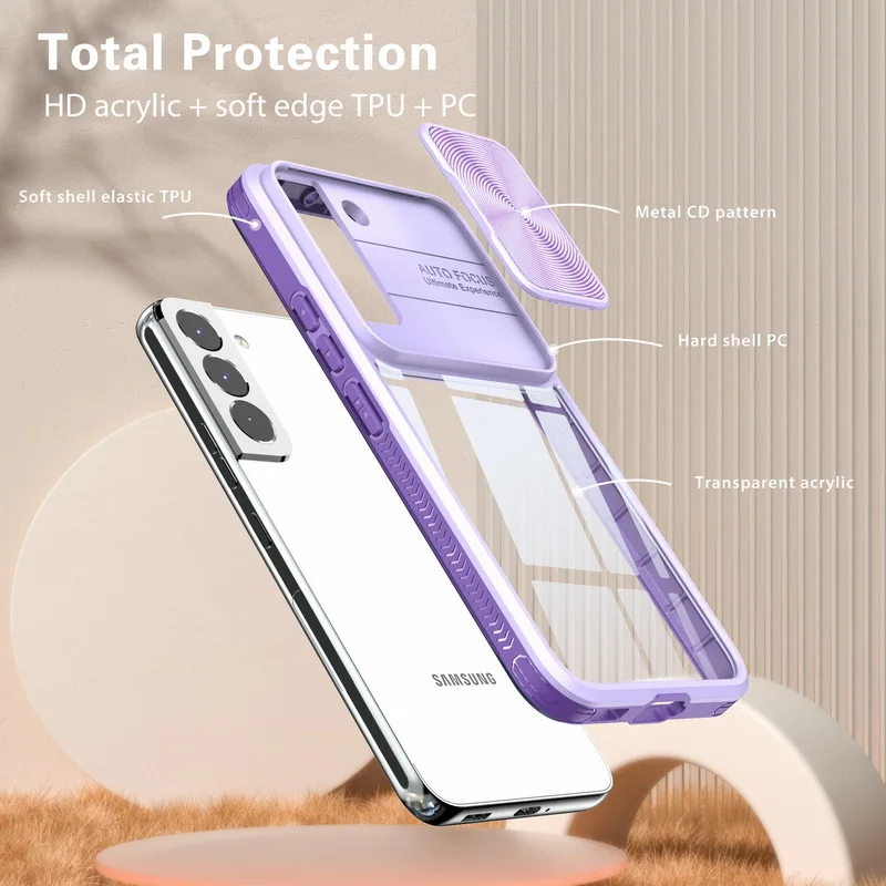 Shockproof Armor Clear Phone Case For Samsung Galaxy S25 S24 S23 S22 Ultra Plus S21 S20 FE A54 Slide Window Camera Protect Cover