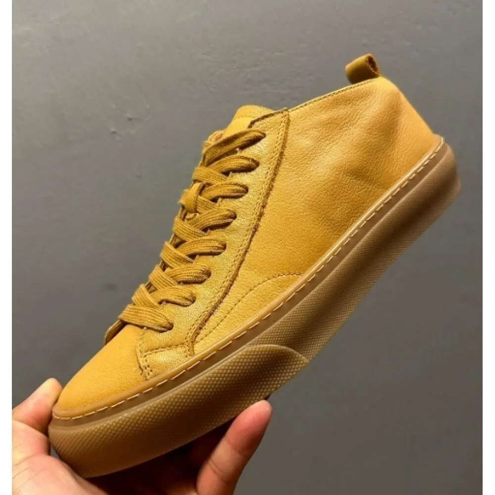 

Mustard Yellow Leather Mid-top Casual Sneakers, with matching laces and gum sole