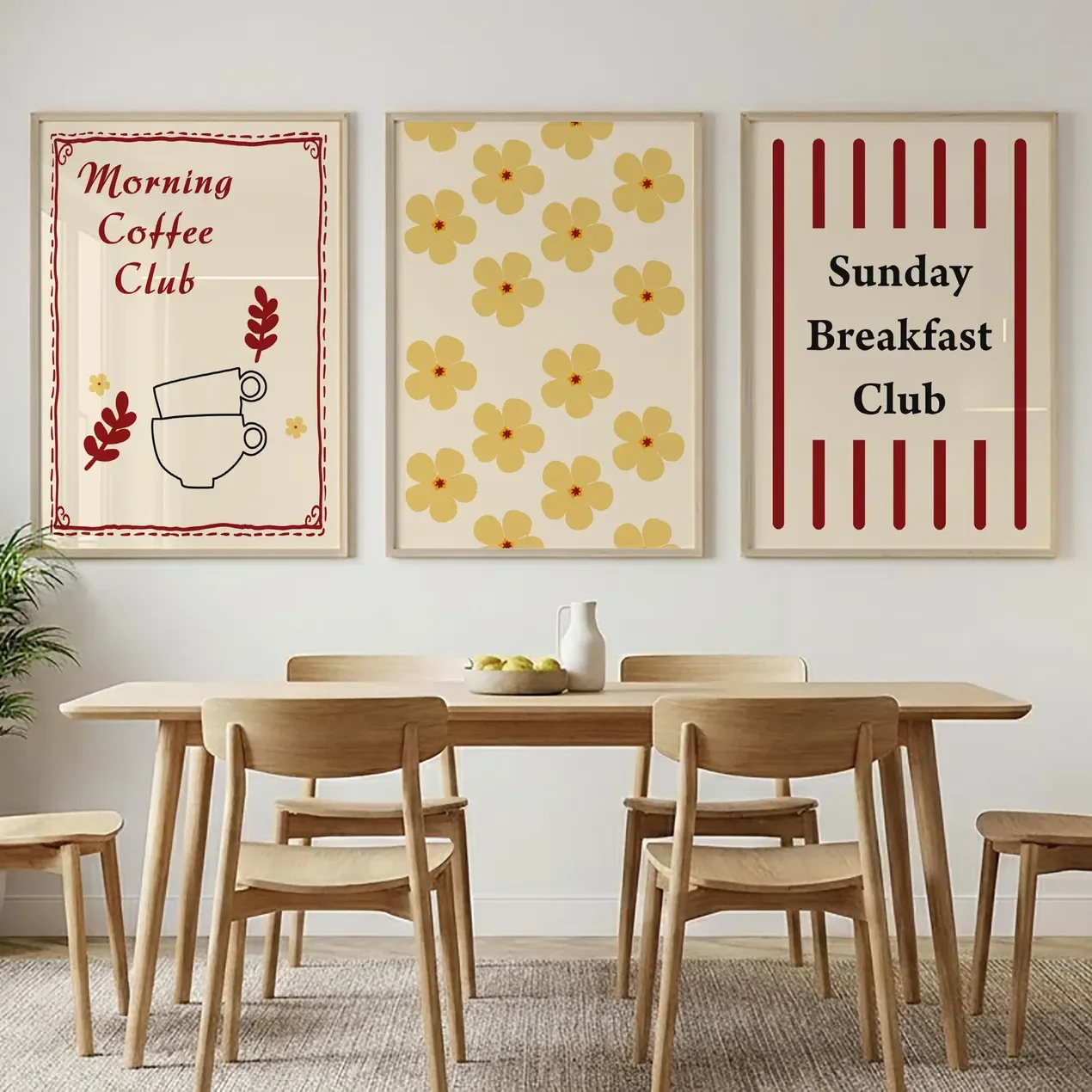 3PCS  Floral-patterned Coffee Cup with Striped Wall Art  French Breakfast Theme Poster Canvas Painting for Room Decor Wall De