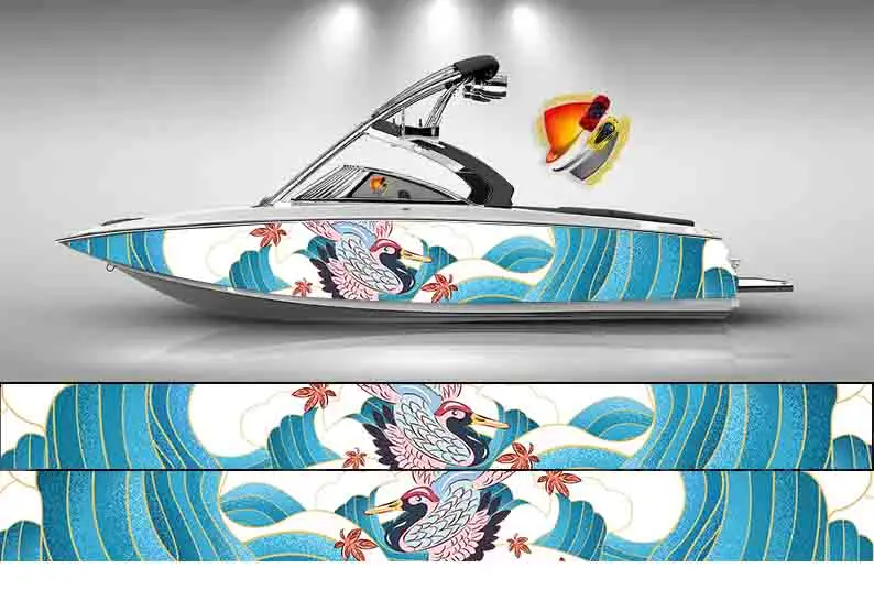 

Blue Sea Wave Crane Boat Sticker Packaging Fish Boat Waterproof Custom Marine Boat Decal Sticker Boat Wrap Vinyl Decoration