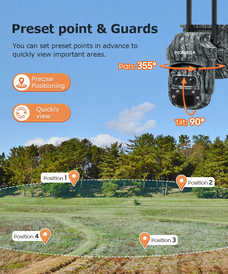 INQMEGA 8MP 4K 12X Zoom Telecamera solare Doppio schermo Esterno 4G/WIFI due lenti Rilevazione PIR Trail Camera Camouflage Foresta Ubox