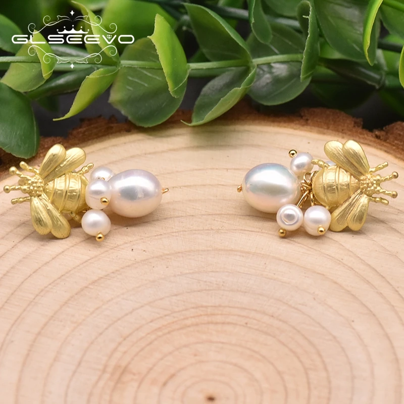 GLSEEVO Natural Freshwater Pearl Bee Drop Earrings For Women Anniversary Handmade Personalized Style Jewelry GE0990C
