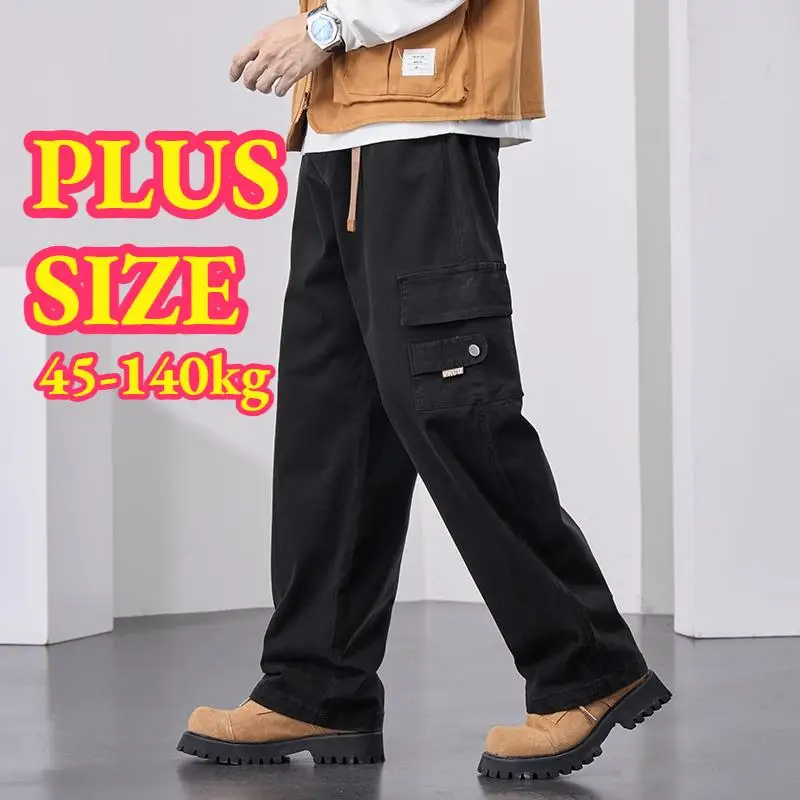 

Plus Size Men Pants Elastic Waist Straight Fit Cargo Pants Men Many Pockets Trousers Male Autumn Wide Leg Big Size