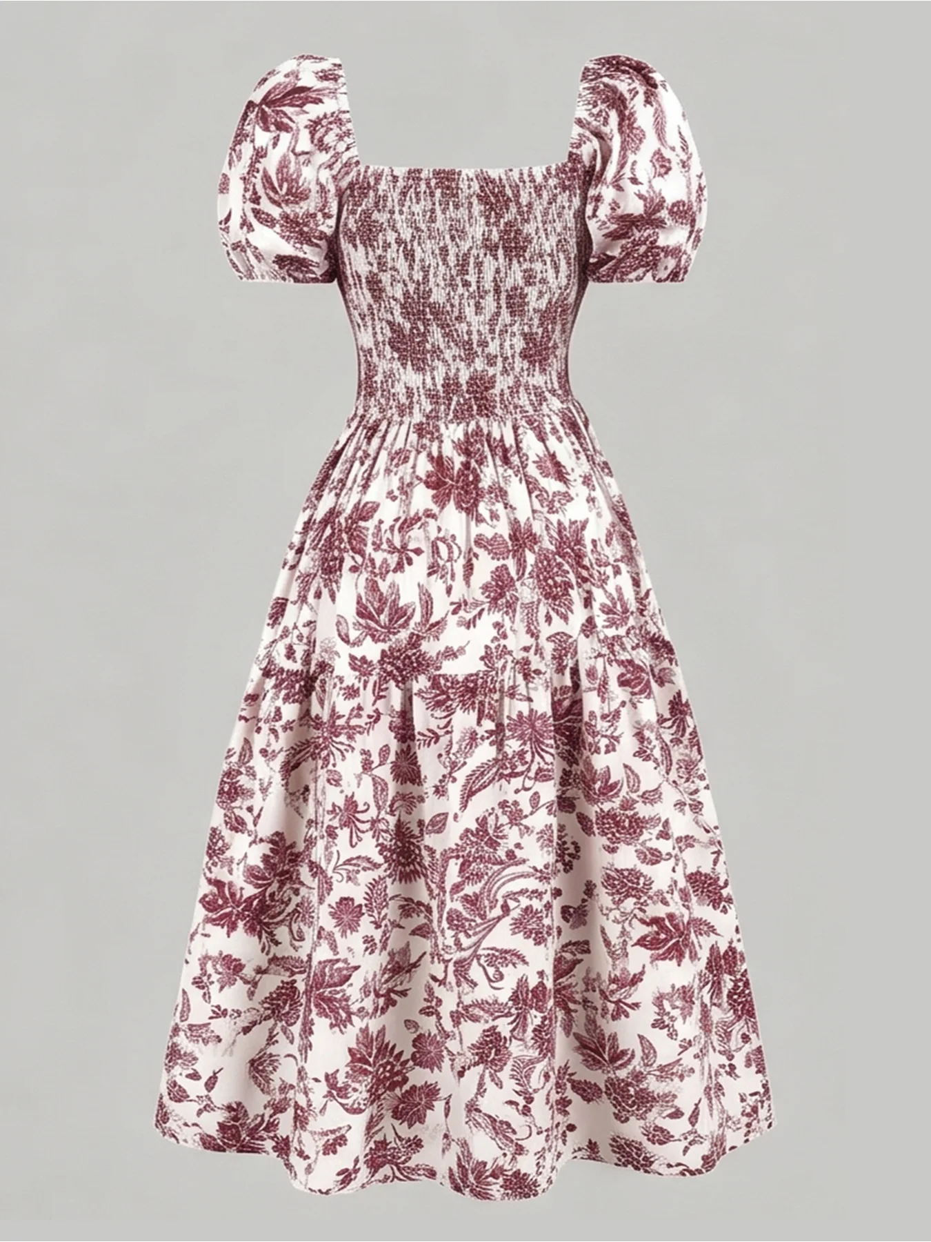 Lässiges Kleid mit Blattmuster, quadratischem Kragen, lockerer Passform, kurzen Ärmeln und tailliertem, langem Rock für Kinder und Frauen. – Detail 6