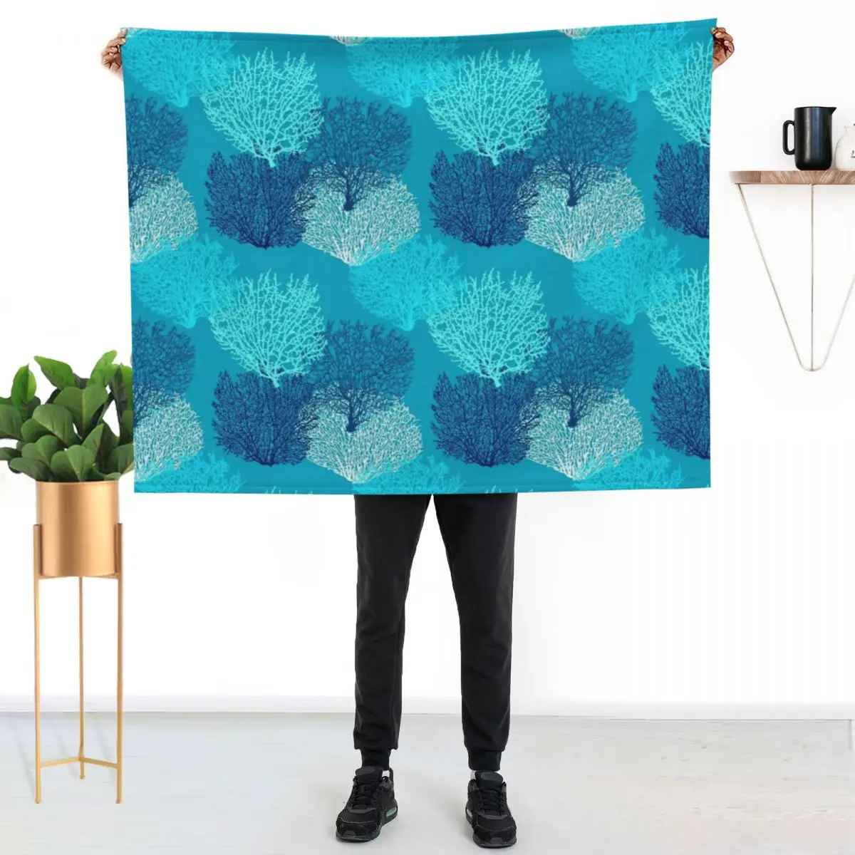 

Fan Coral Print, Turquoise, Aqua and Cobalt Blue Throw Blanket Thin Soft Blanket for Summer Night Sleeping
