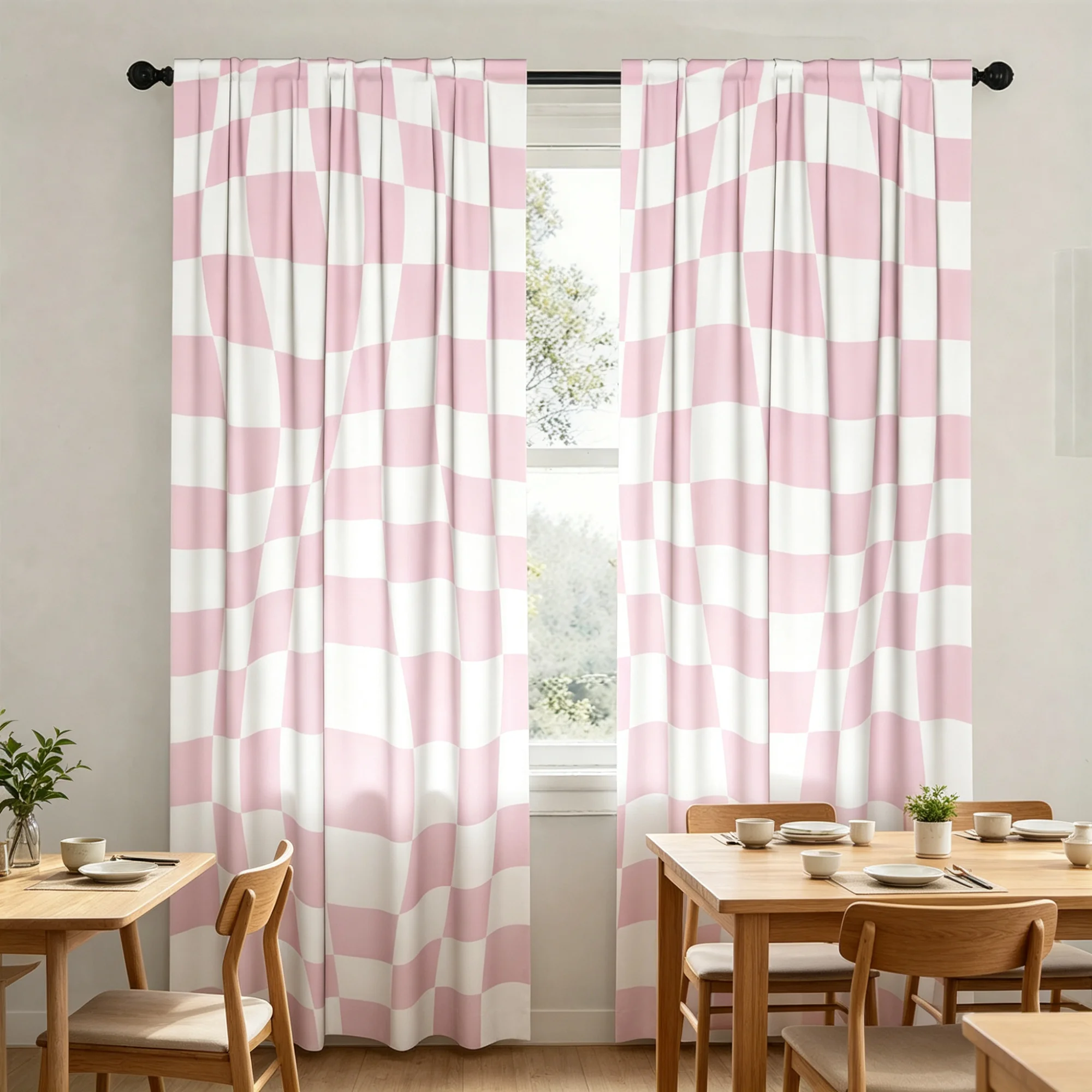 Y2K Danish Style Soft Pink Checkered Simple Curtains for Bedroom And Living Room - Elegant Design to Create a Peaceful Comfortab