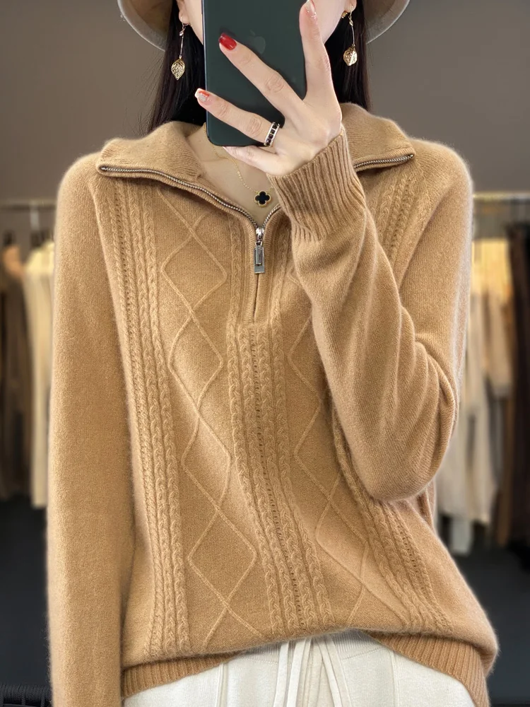 Women 100% Merino Wool Sweater Turtleneck Twisted Zipper Half Open Neck Pullover Autumn Winter Thickened Casual Knit Loose Tops