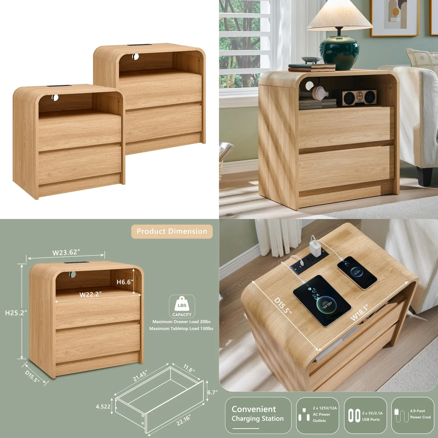 25" Mid Century Nightstand Set 2 Drawers Charging Station Wood Bedside Table Bedroom Living Room 23.6" Oak, Customized