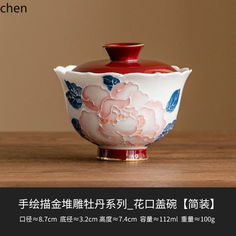 Zml flower mouth covered bowl tea cup single high-end for home kung fu tea set ceramic tea bowl with lid