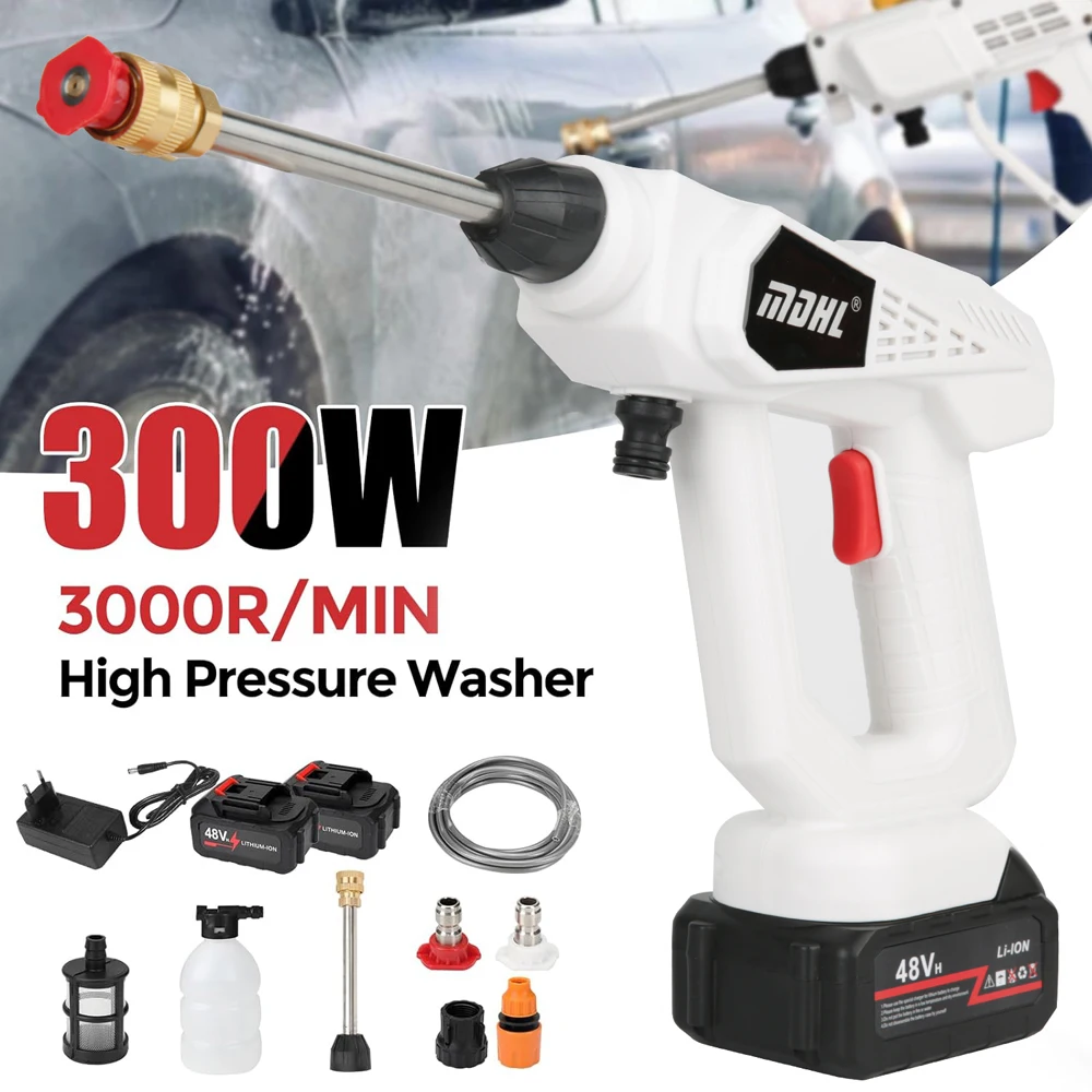 Pistola de Agua de Alta Potencia de 300W, Pistola de Lavado a Presión con Boquillas Ajustables, Herramienta de Limpieza Inalámbrica Portátil para Trabajos Agrícolas y Riego