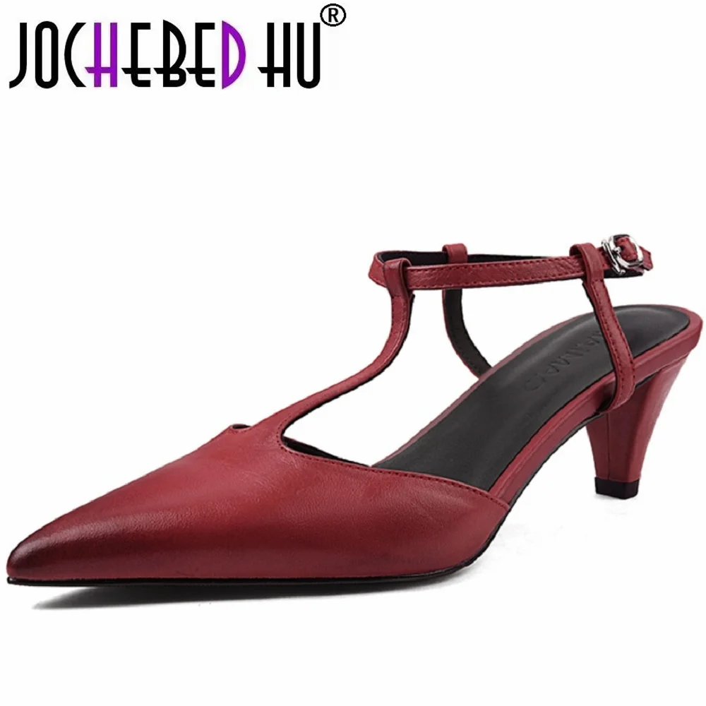 

【JOCHEBED HU】Handmade Genuine Leather Elegant Women's Sandals Summer Shoes T-strap Close Point toe High Heels Dress Shoes Ladies