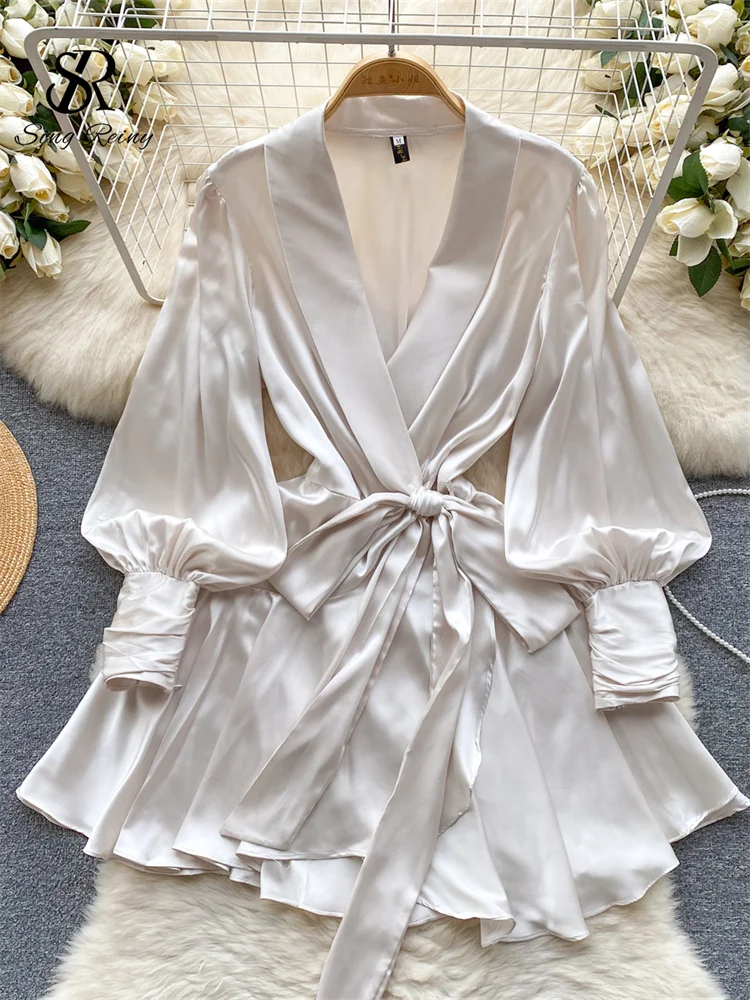 SINGREINY Women Senior Satin Sexy Dress 2024 New Fashion Deep V Neck Bandage French Spring Lantern Sleeve Pleated Wrap Dress