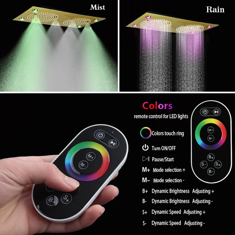 Ceiling embedded 24.5x12.5 inch LED rain fog shower head with music speaker and cold/hot digital display set