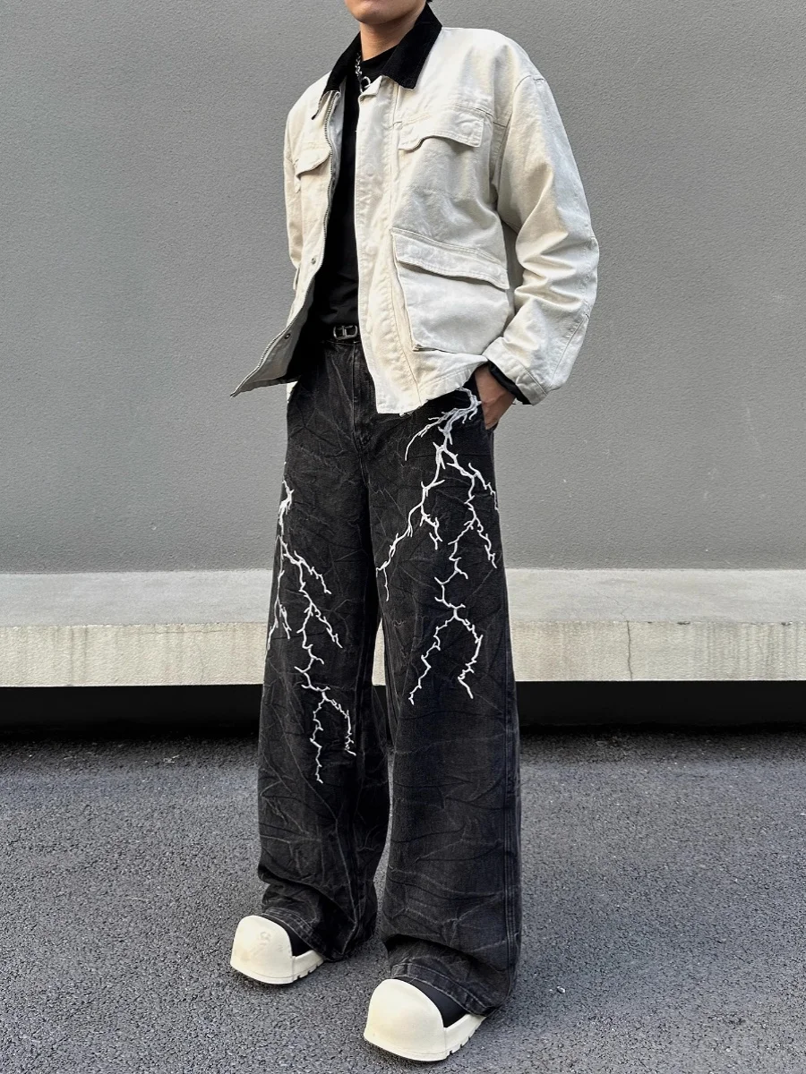 Amerikaanse retro straat geborduurde bliksem losse jeans heren dames hiphop klein ontwerp broek met rechte pijpen casual denim jeans