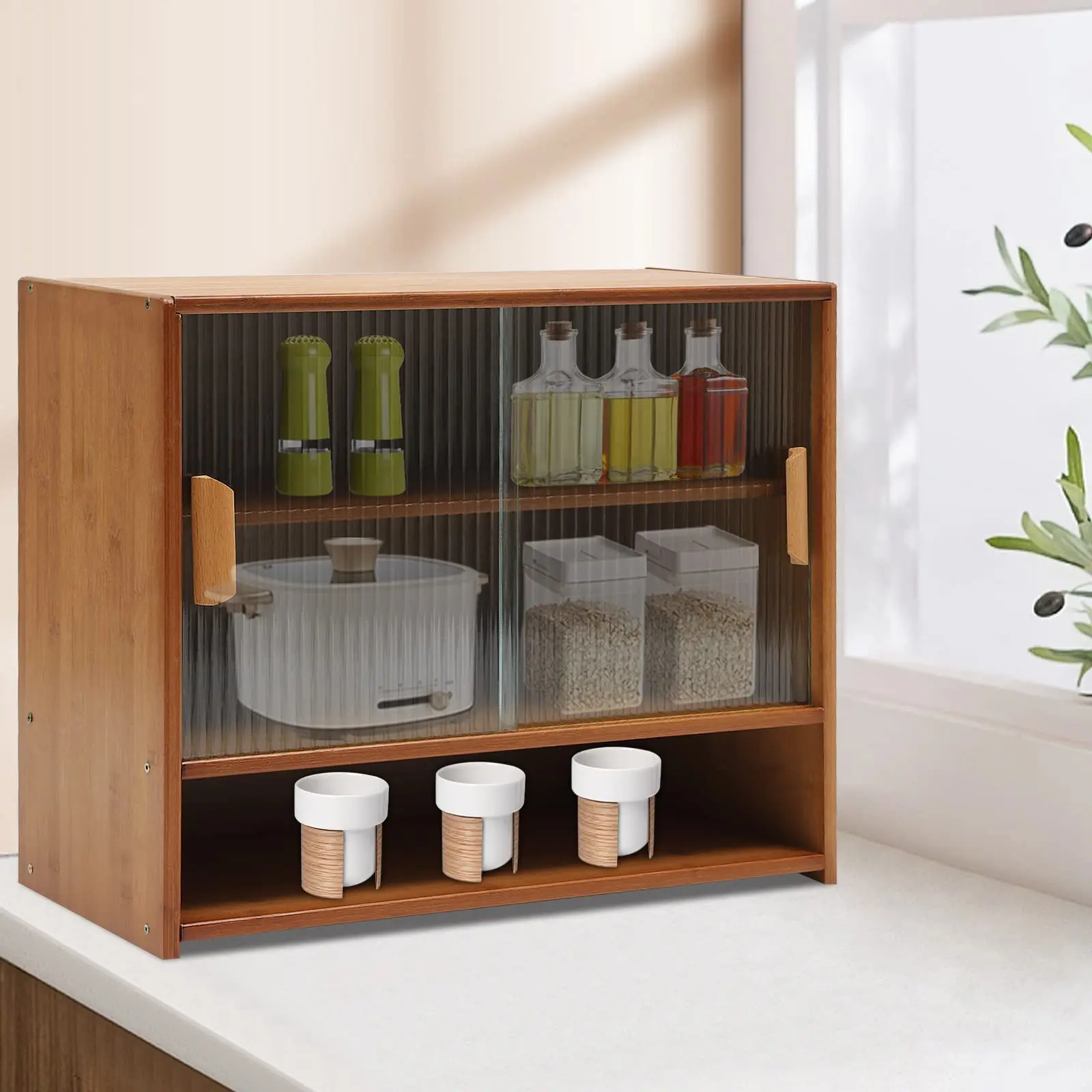 

Small Bamboo Kitchen Pantry Sideboard, Freestanding Countertop Storage Cabinet with 2 Glass Doors, Sliding Pantry Cabinet for Bo